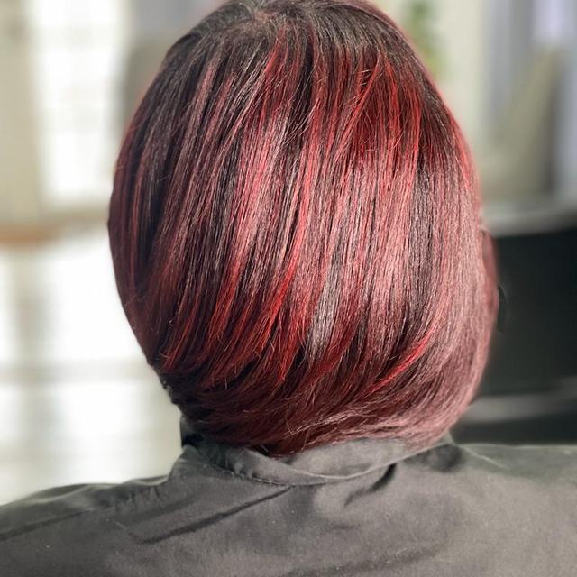 Burgundy bob with red highlights